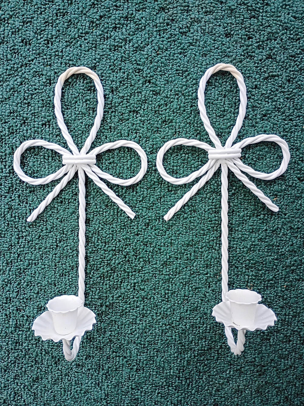 Vintage Pair White Twisted Bowtie Wall Sconces Hanging Candlestick Holders